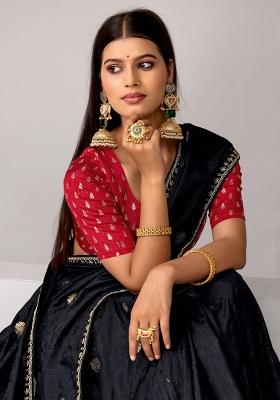 Black Woven Design Silk Blend Saree Set