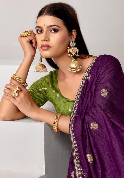 Purple Woven Design Silk Saree Set
