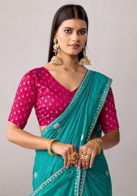 Teal Green Woven Design Silk Blend Saree Set
