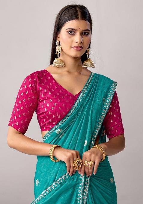 Teal Green Woven Design Silk Saree Set — view on Indya
