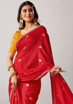 Red Woven Design Silk Blend Saree Set