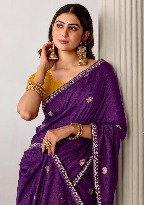 Purple Woven Design Silk Saree Set