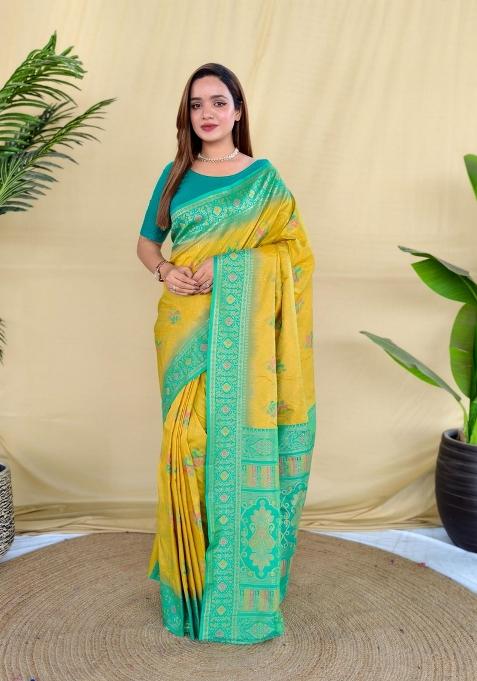 Lemon Zari Work Silk Saree Set — view on Indya