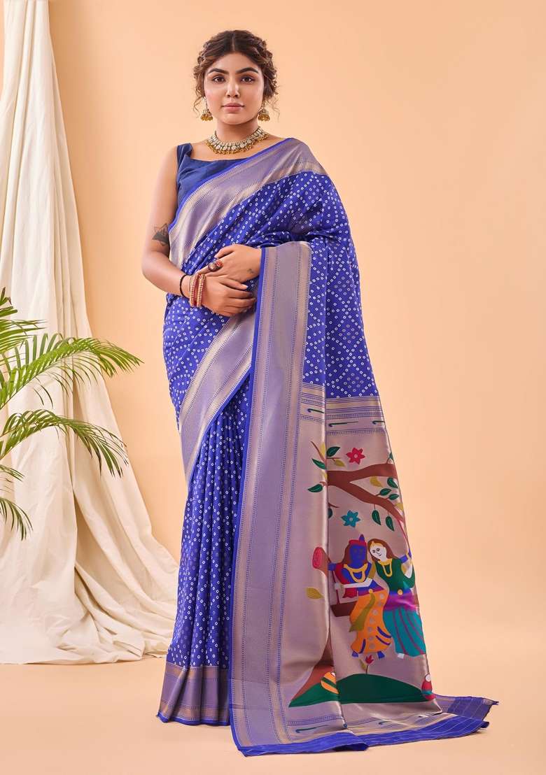 Blue Silk Blend Saree Set with Zari Work for Diwali | Wedding & Festive Wear - Indya