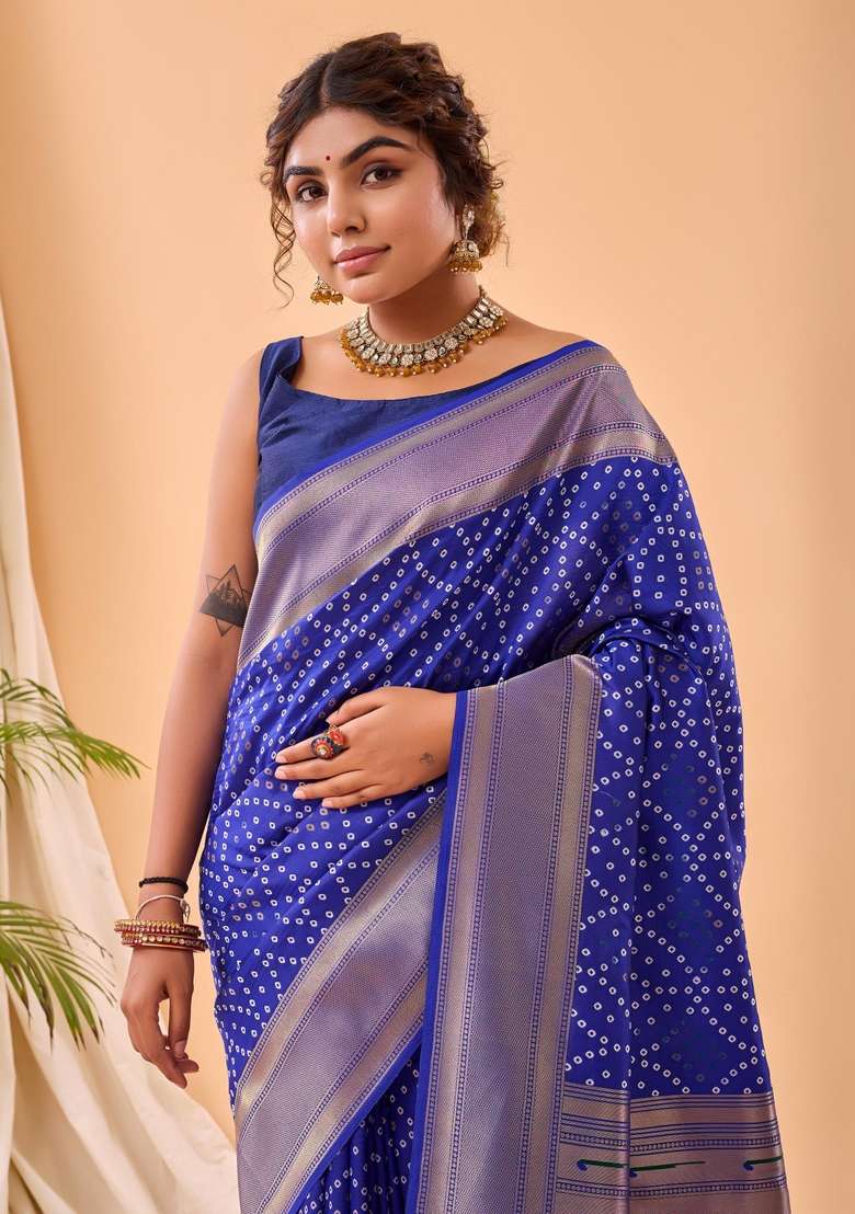 Blue Silk Blend Saree Set with Zari Work for Diwali | Wedding & Festive Wear - Indya