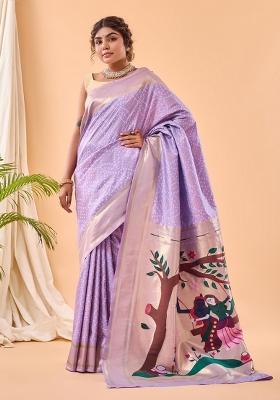 Lavender Zari Work Silk Blend Saree Set