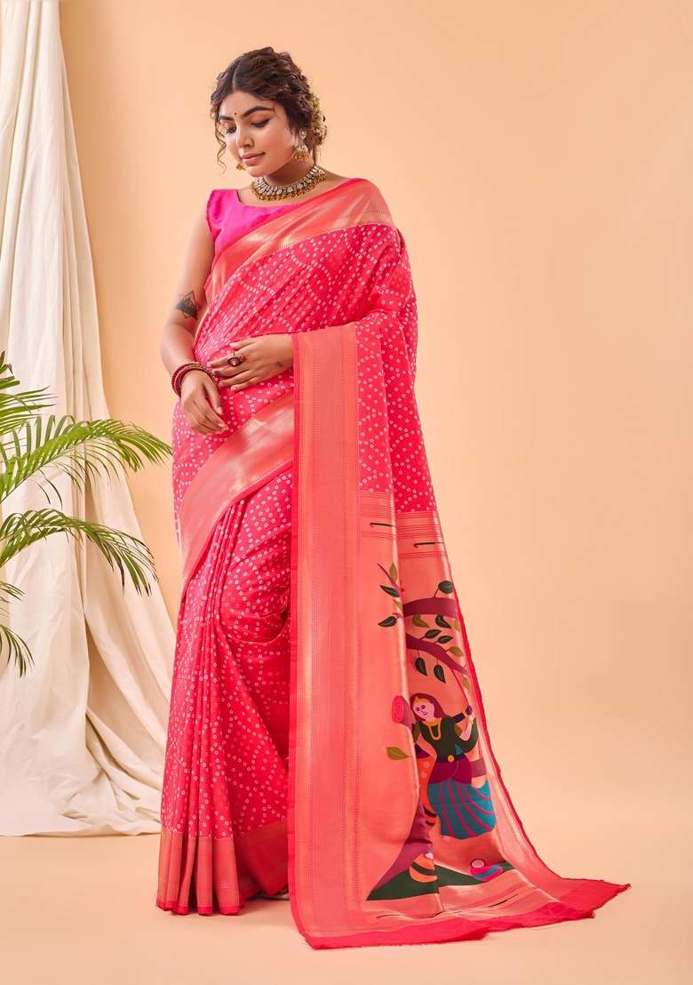Pink Zari Work Silk Blend Saree Set for Diwali and Festive Wear - Indya