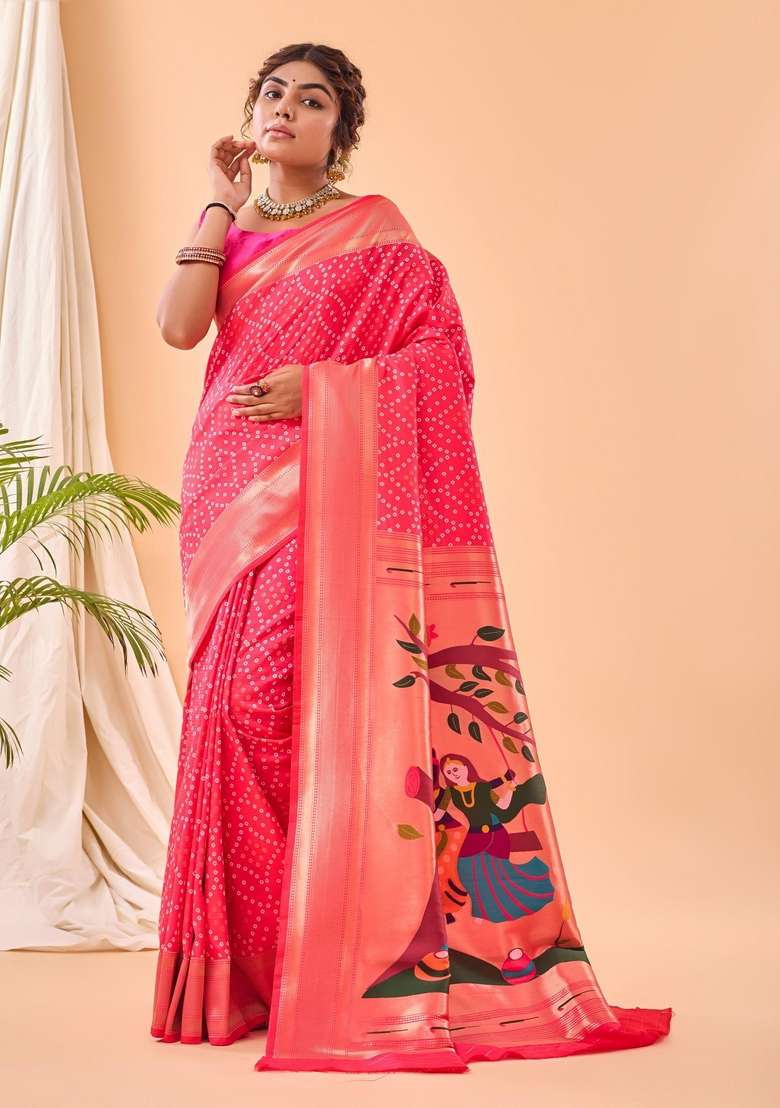 Pink Zari Work Silk Blend Saree Set for Diwali and Festive Wear - Indya