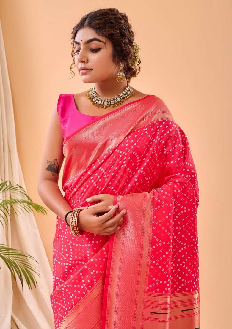 Pink Zari Work Silk Blend Saree Set for Diwali and Festive Wear - Indya