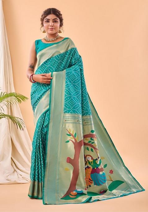 Rama Green Zari Work Silk Blend Saree Set