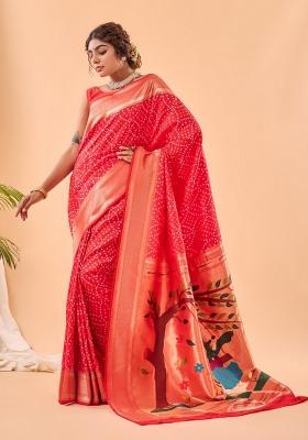Red Zari Work Silk Blend Saree Set