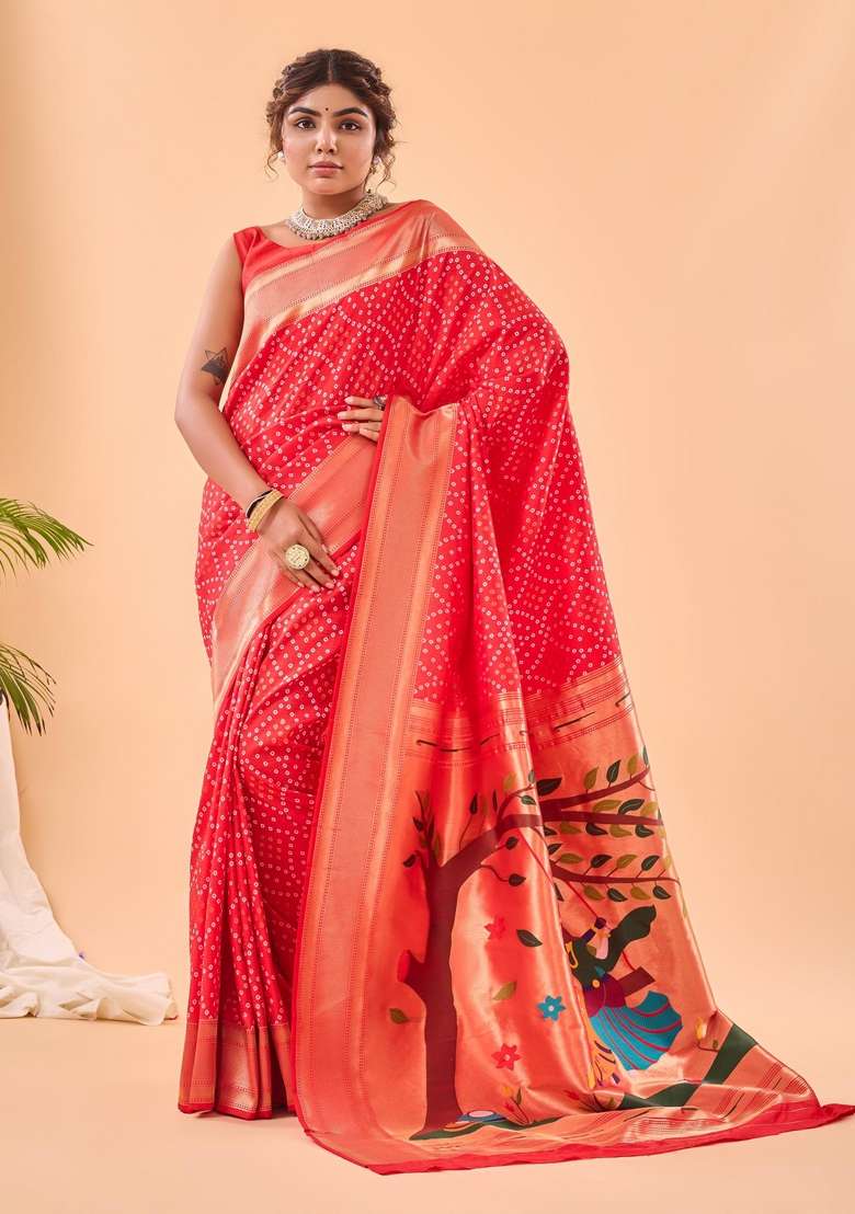 Red Silk Blend Saree Set with Zari Work for Diwali | Wedding & Festive Wear - Indya