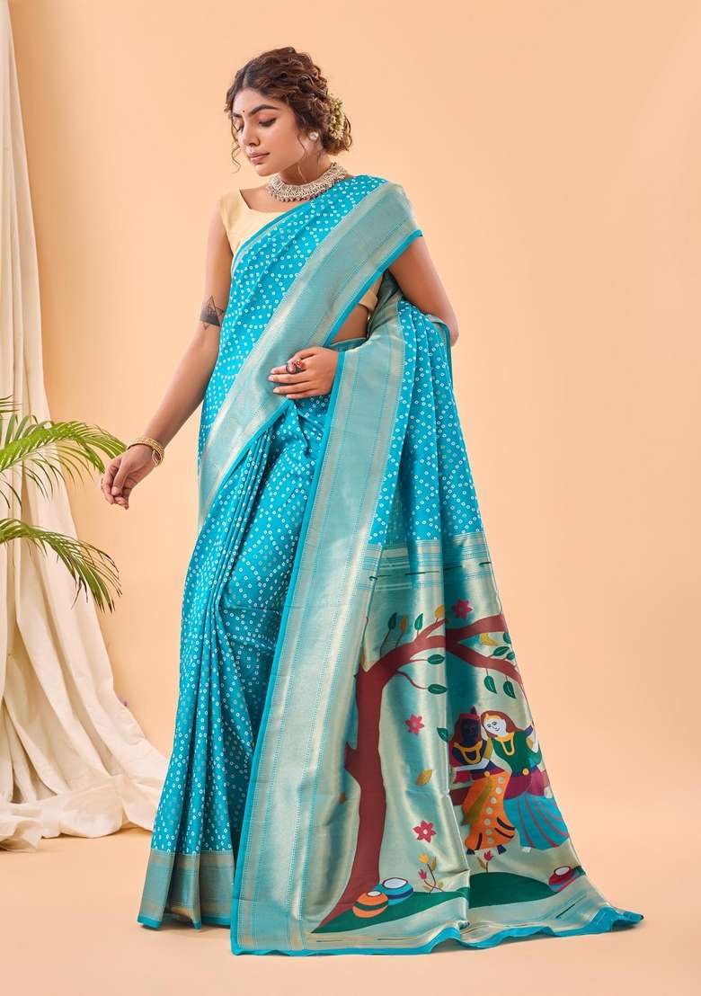 Sky Blue Silk Blend Saree Set with Zari Work for Diwali | Wedding & Festive Wear - Indya