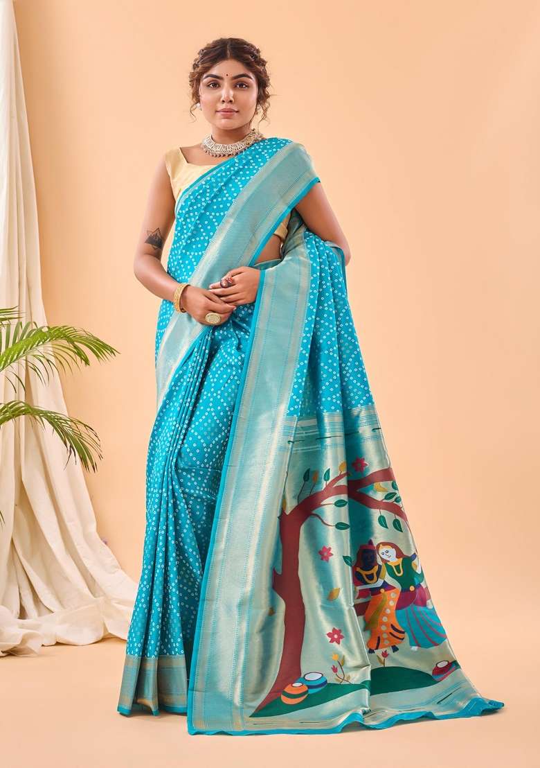 Sky Blue Silk Blend Saree Set with Zari Work for Diwali | Wedding & Festive Wear - Indya