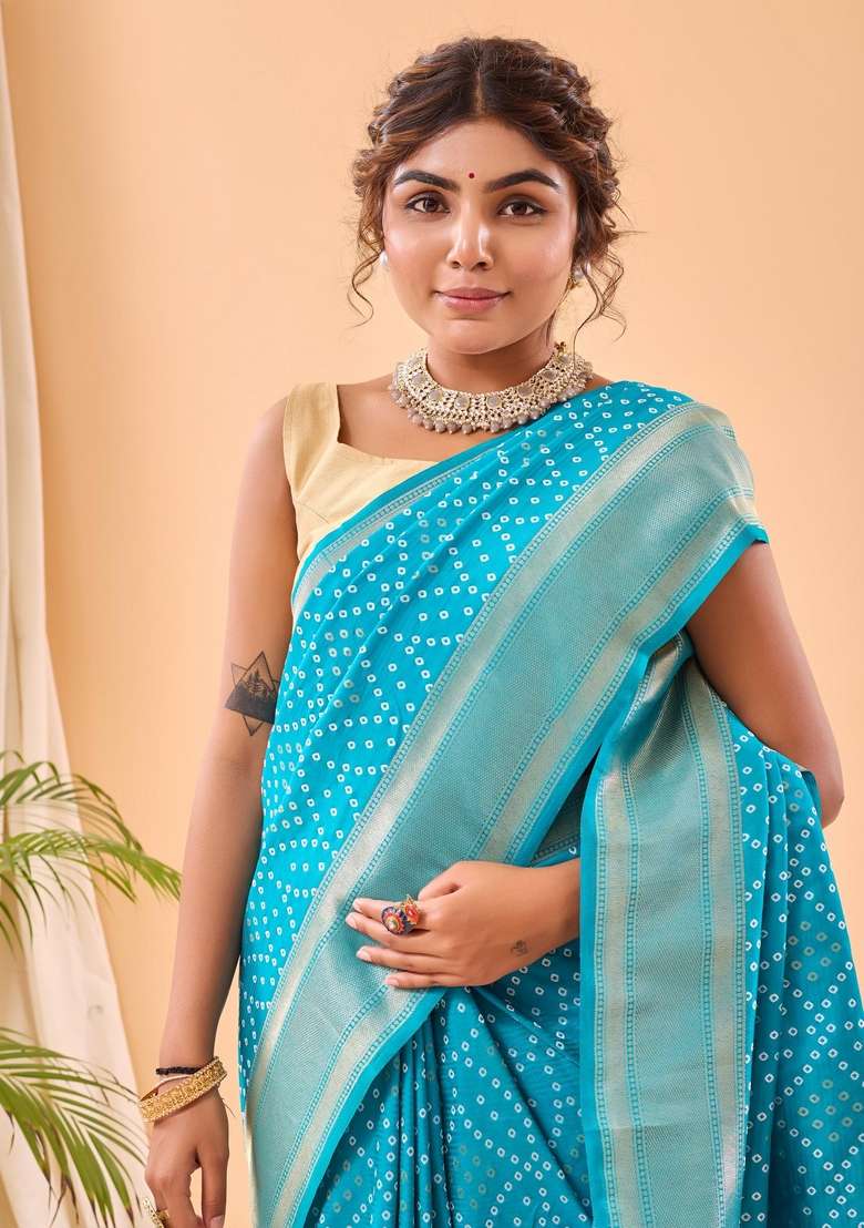 Sky Blue Silk Blend Saree Set with Zari Work for Diwali | Wedding & Festive Wear - Indya