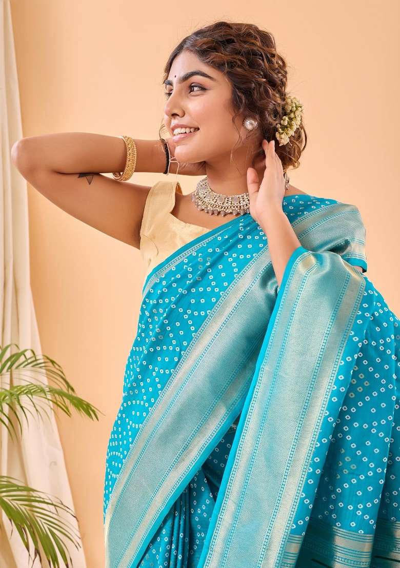 Sky Blue Silk Blend Saree Set with Zari Work for Diwali | Wedding & Festive Wear - Indya