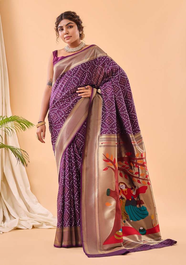 Wine Zari Work Silk Blend Saree Set for Diwali and Festive Wear - Indya