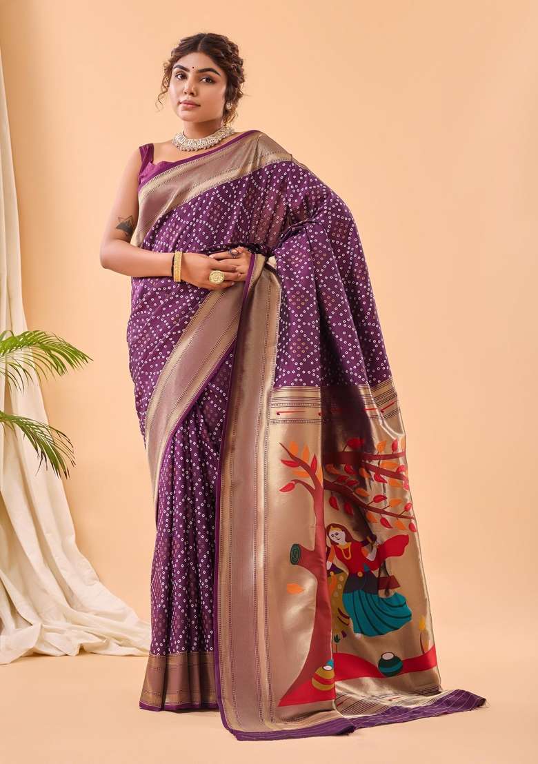Wine Zari Work Silk Blend Saree Set for Diwali and Festive Wear - Indya