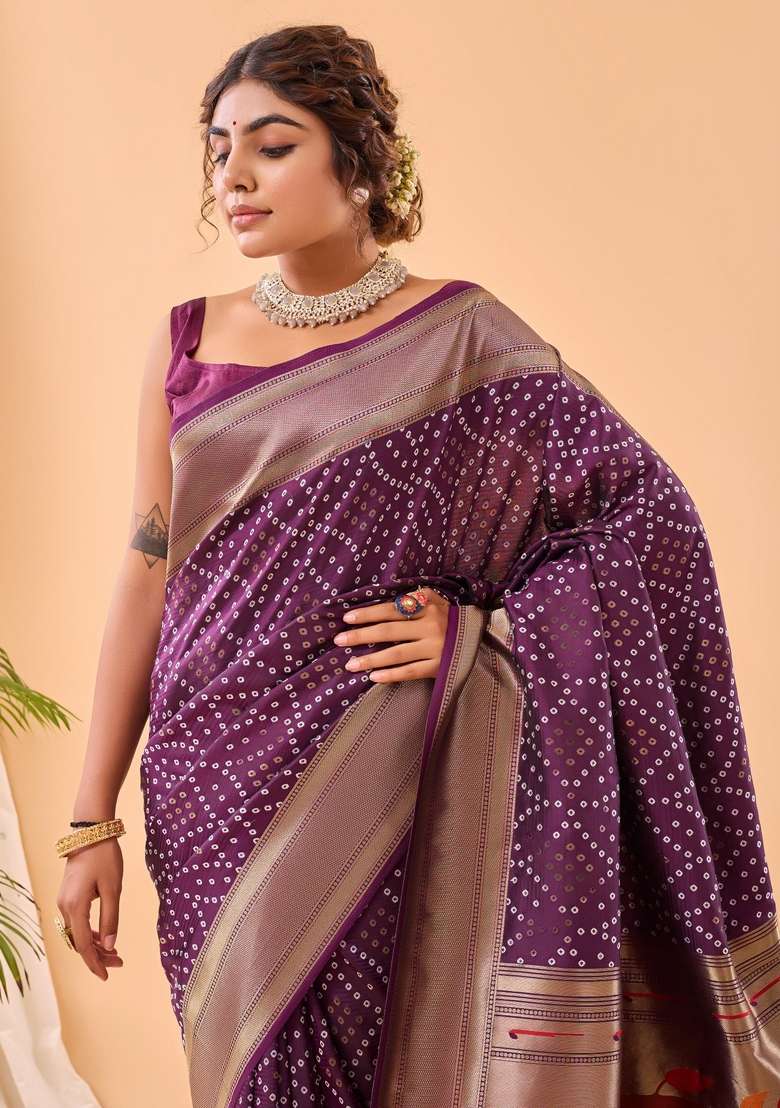 Wine Zari Work Silk Blend Saree Set for Diwali and Festive Wear - Indya