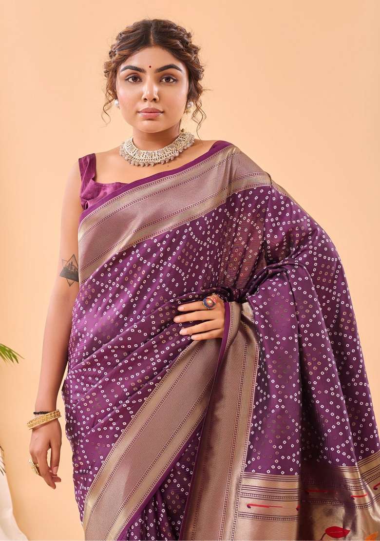 Wine Zari Work Silk Blend Saree Set for Diwali and Festive Wear - Indya