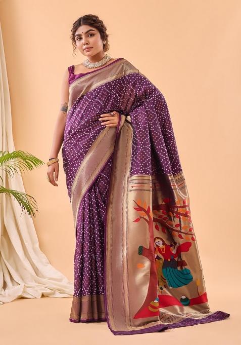 Wine Zari Work Silk Saree Set — view on Indya