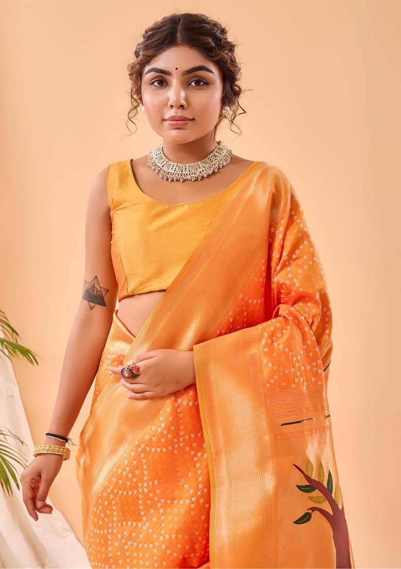 Yellow Zari Work Silk Blend Saree Set for Diwali and Festive Wear - Indya