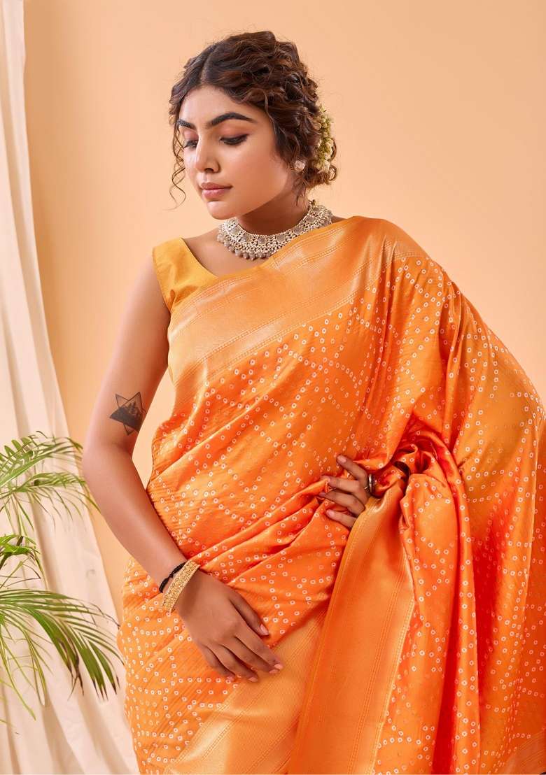 Yellow Zari Work Silk Blend Saree Set for Diwali and Festive Wear - Indya