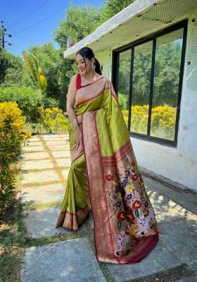 Mehendi Zari Work Silk Blend Saree Set