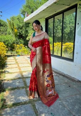 Red Zari Work Silk Blend Saree Set