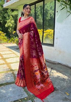 Wine Zari Work Silk Blend Saree Set