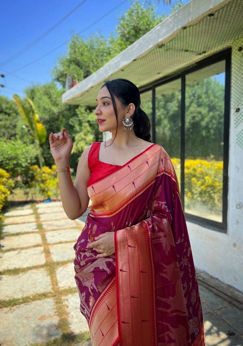 Wine Silk Blend Saree Set with Zari Work for Diwali | Wedding & Festive Wear - Indya