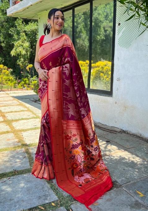 Wine Zari Work Silk Saree Set — view on Indya