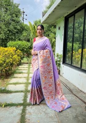 Lavender Zari Work Silk Blend Saree Set