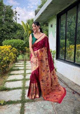 Maroon Zari Work Silk Blend Saree Set
