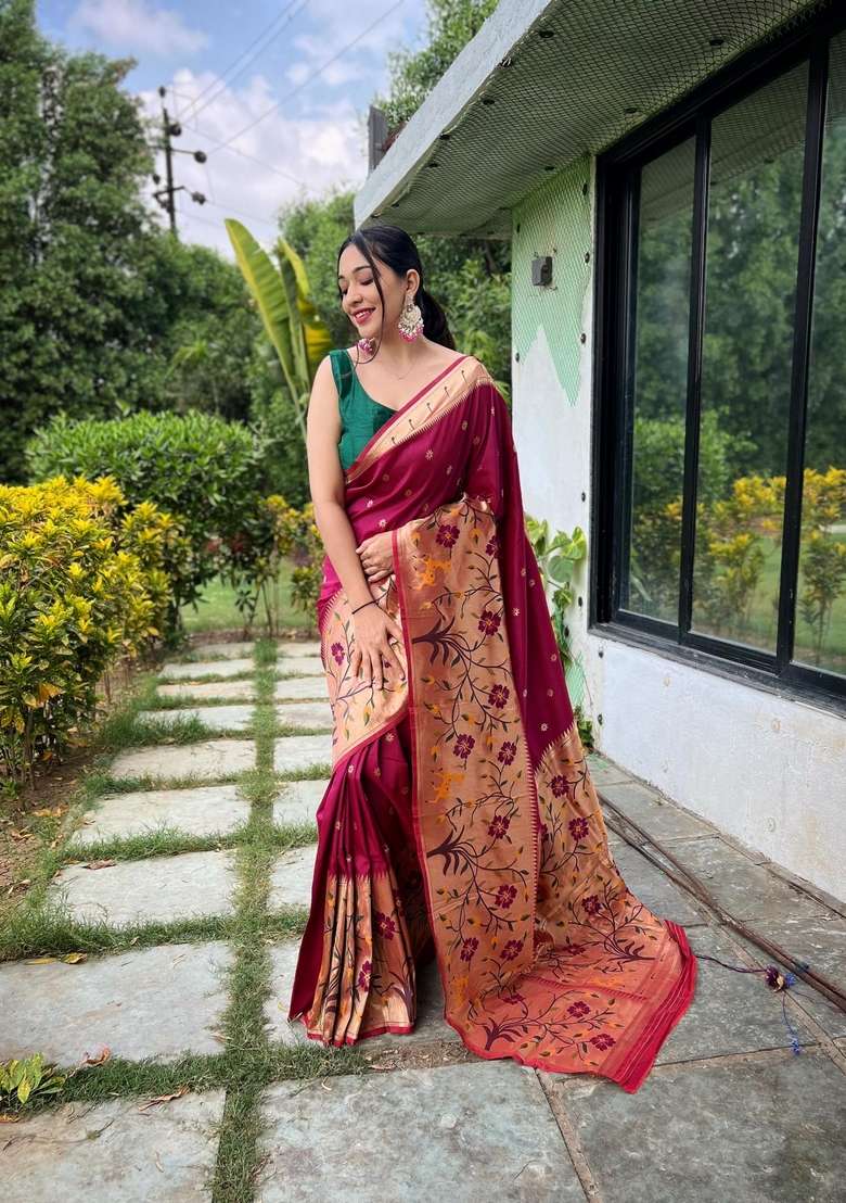 Maroon Silk Blend Saree Set with Zari Work for Diwali | Wedding & Festive Wear - Indya