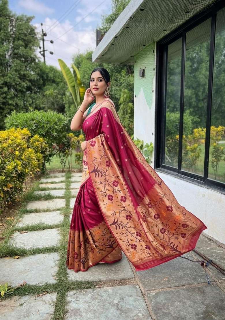 Maroon Silk Blend Saree Set with Zari Work for Diwali | Wedding & Festive Wear - Indya