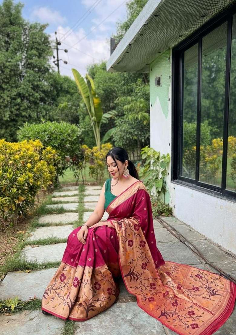 Maroon Silk Blend Saree Set with Zari Work for Diwali | Wedding & Festive Wear - Indya