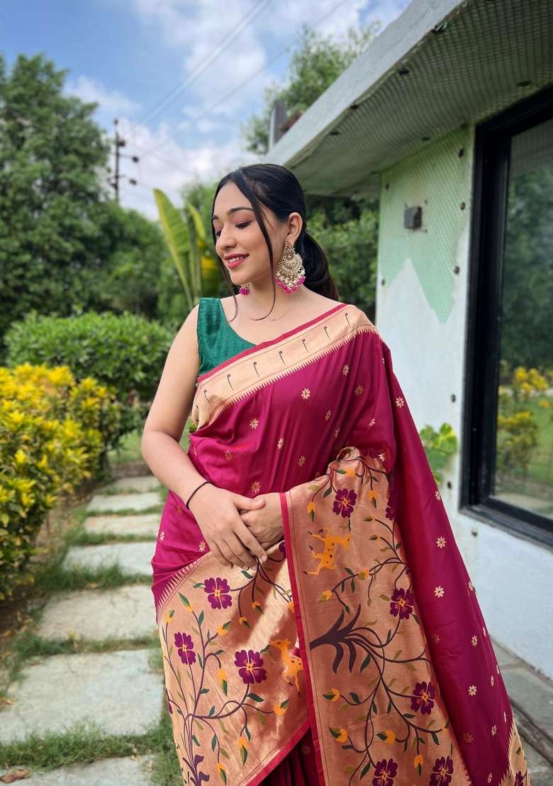 Maroon Silk Blend Saree Set with Zari Work for Diwali | Wedding & Festive Wear - Indya