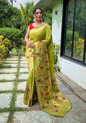 Mehendi Zari Work Silk Blend Saree Set