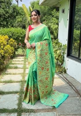 Parrot Green Zari Work Silk Blend Saree Set