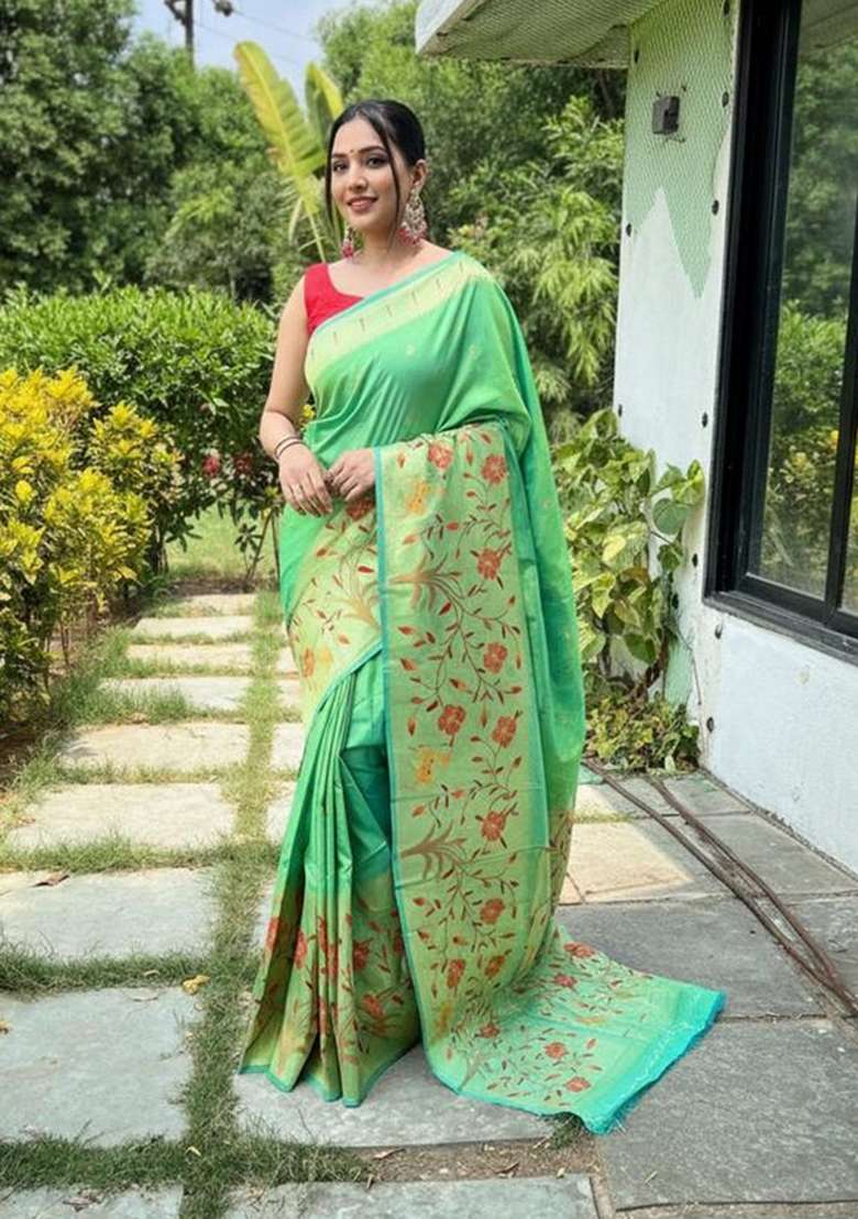 Parrot Green Zari Work Silk Blend Saree Set for Diwali and Festive Wear - Indya