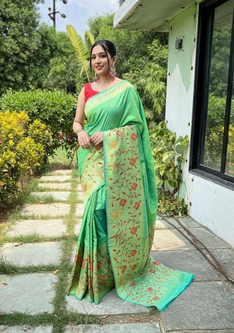 Parrot Green Zari Work Silk Blend Saree Set for Diwali and Festive Wear - Indya