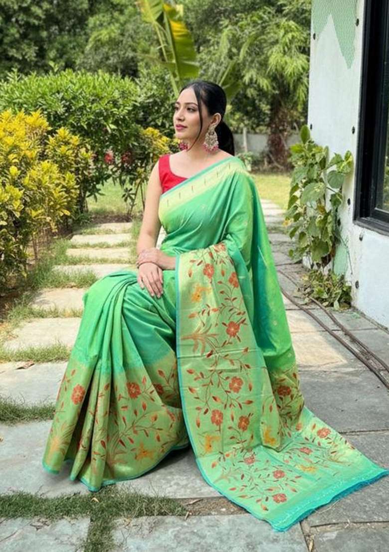 Parrot Green Zari Work Silk Blend Saree Set for Diwali and Festive Wear - Indya
