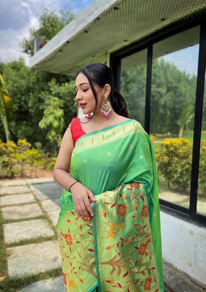 Parrot Green Zari Work Silk Blend Saree Set for Diwali and Festive Wear - Indya