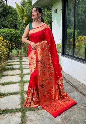 Red Zari Work Silk Blend Saree Set