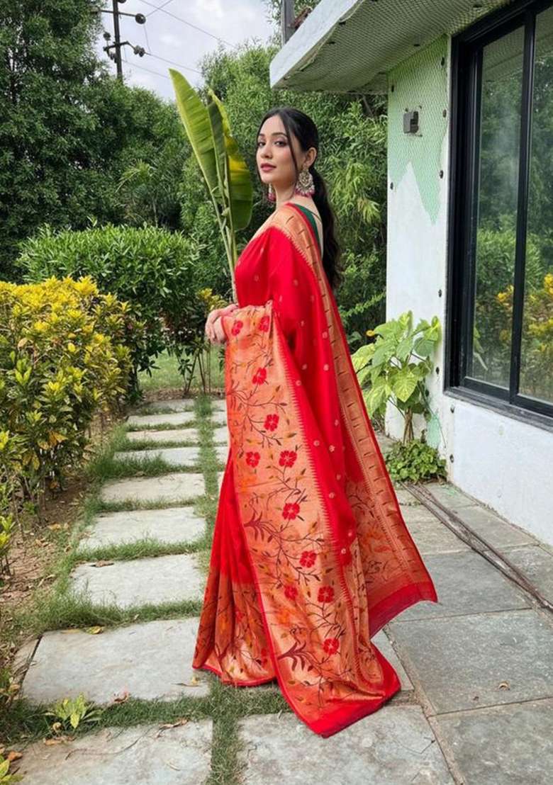 Red Zari Work Silk Blend Saree Set for Diwali and Festive Wear - Indya