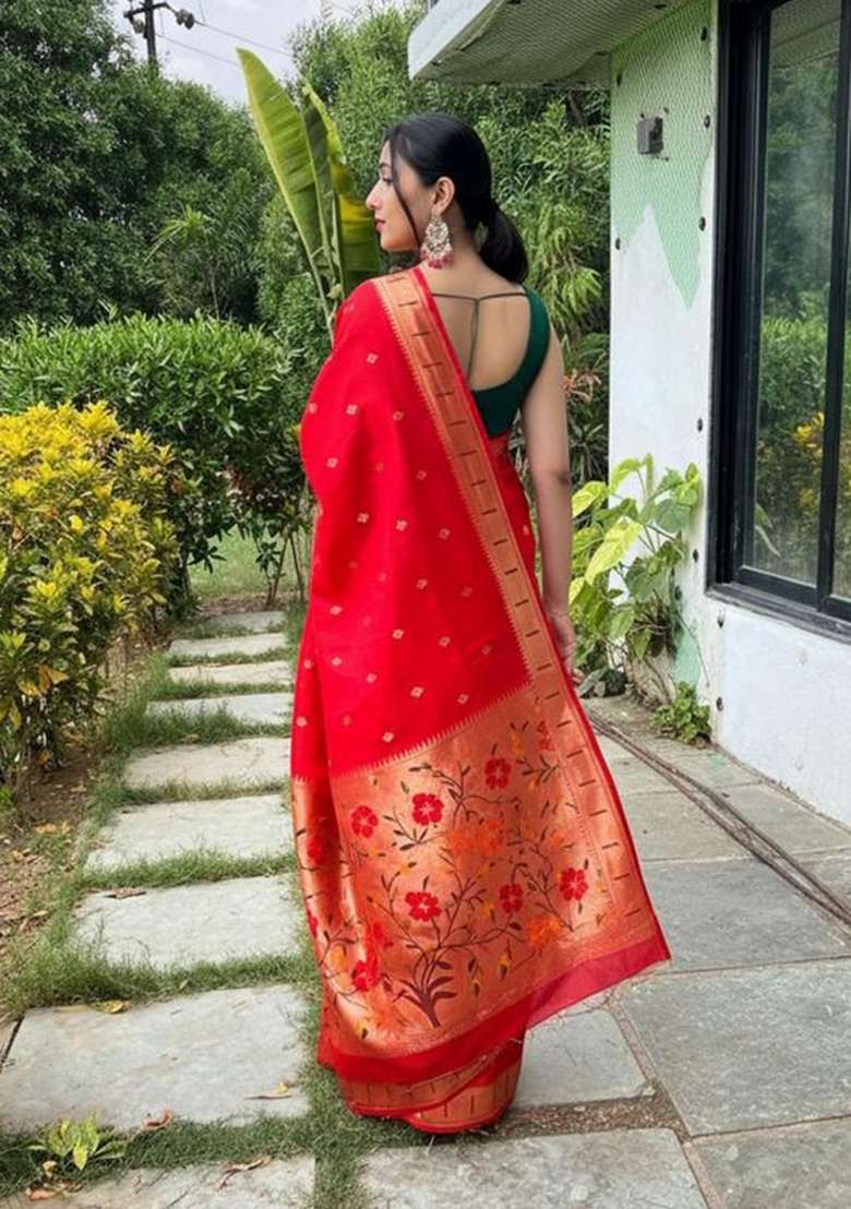 Red Zari Work Silk Blend Saree Set for Diwali and Festive Wear - Indya