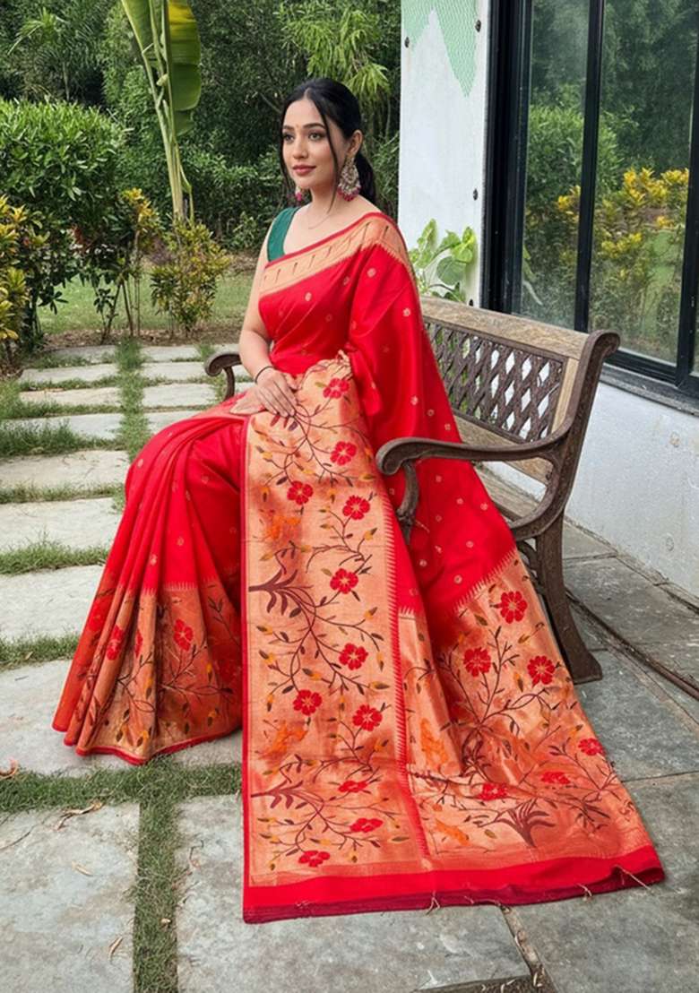 Red Zari Work Silk Blend Saree Set for Diwali and Festive Wear - Indya
