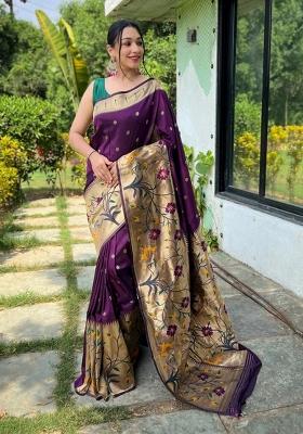 Wine Zari Work Silk Blend Saree Set