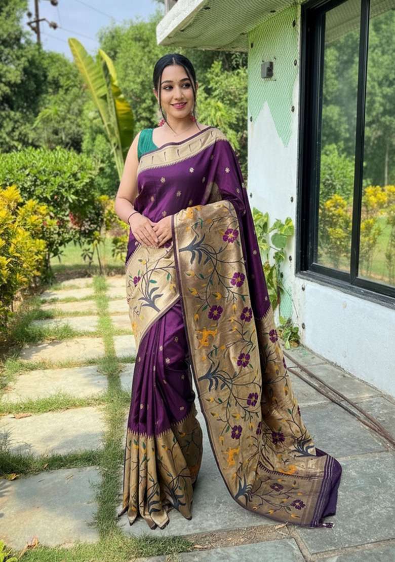 Wine Zari Work Silk Blend Saree Set for Diwali and Festive Wear - Indya